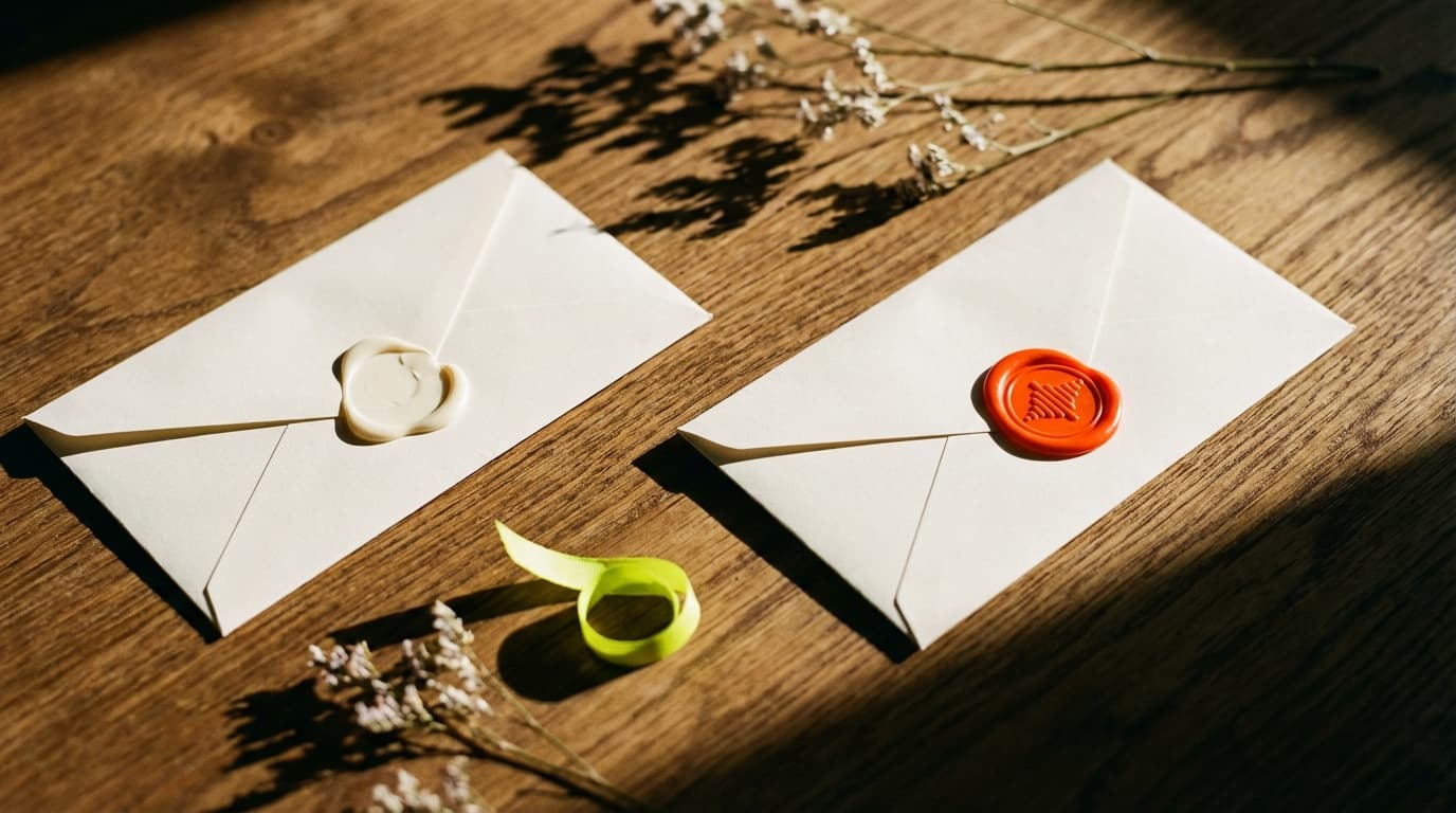 Editorial photograph of two ceramic vessels side by side, one ink-black and one cream paper finish with signal-orange ribbon