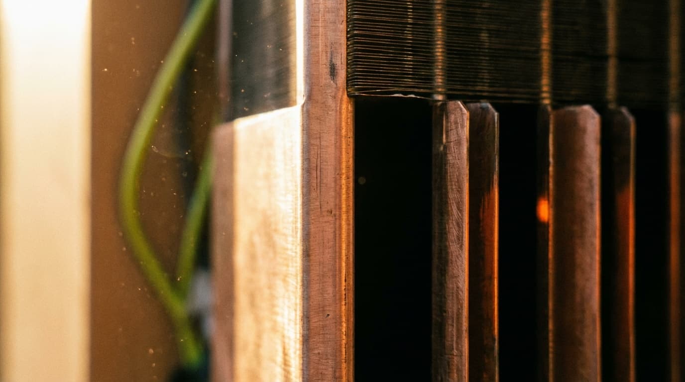 Editorial photograph of an HVAC condenser unit at golden hour with copper refrigerant lines