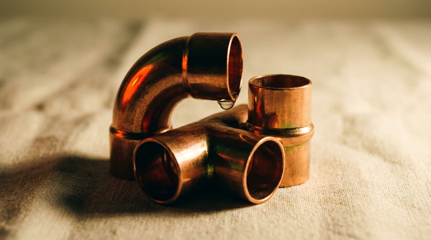 Editorial photograph of a plumber's organized canvas tool roll with polished pipe wrenches and copper fittings