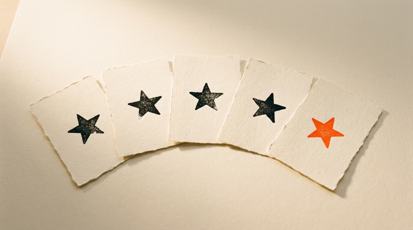 Editorial photograph of five cream paper cards with hand-drawn ink stars and one signal-orange star