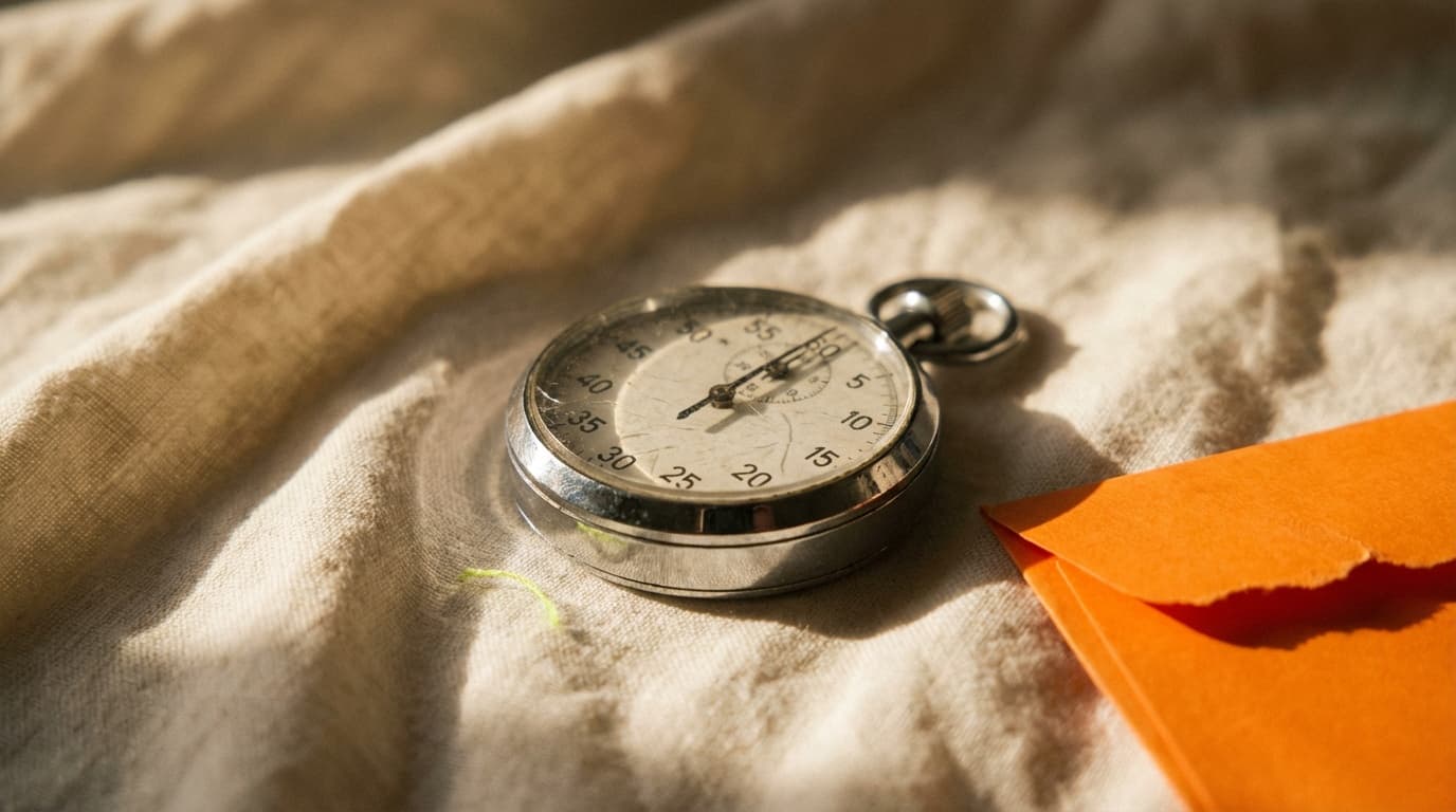 Editorial macro photograph of a vintage chrome stopwatch with a signal-orange envelope at the edge